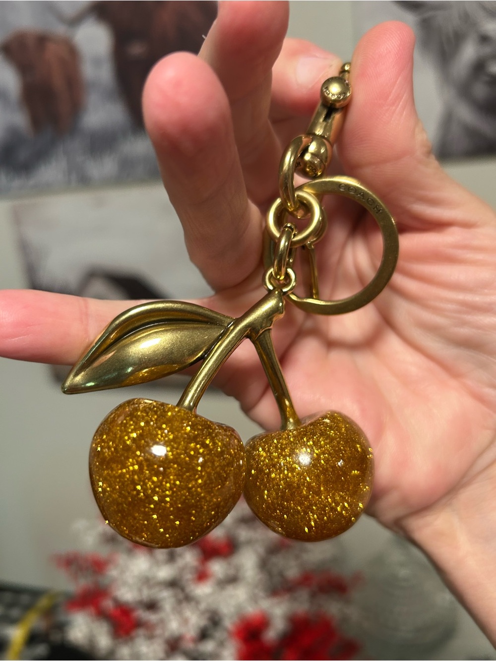 Coach❤️Gold-tone Glitter Golden Cherry Keychain Charm - Picture 3 of 7